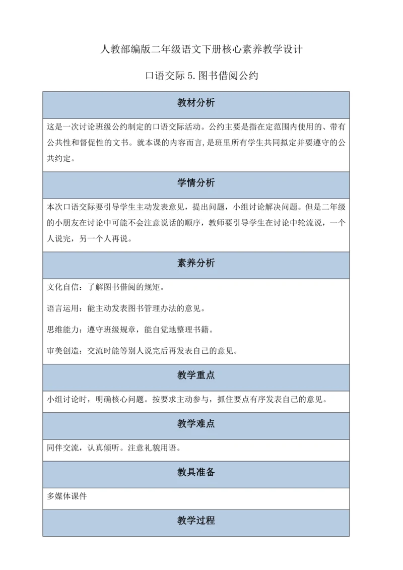 【核心素养】部编版语文二年级下册-口语交际：图书借阅公约（教案含反思）