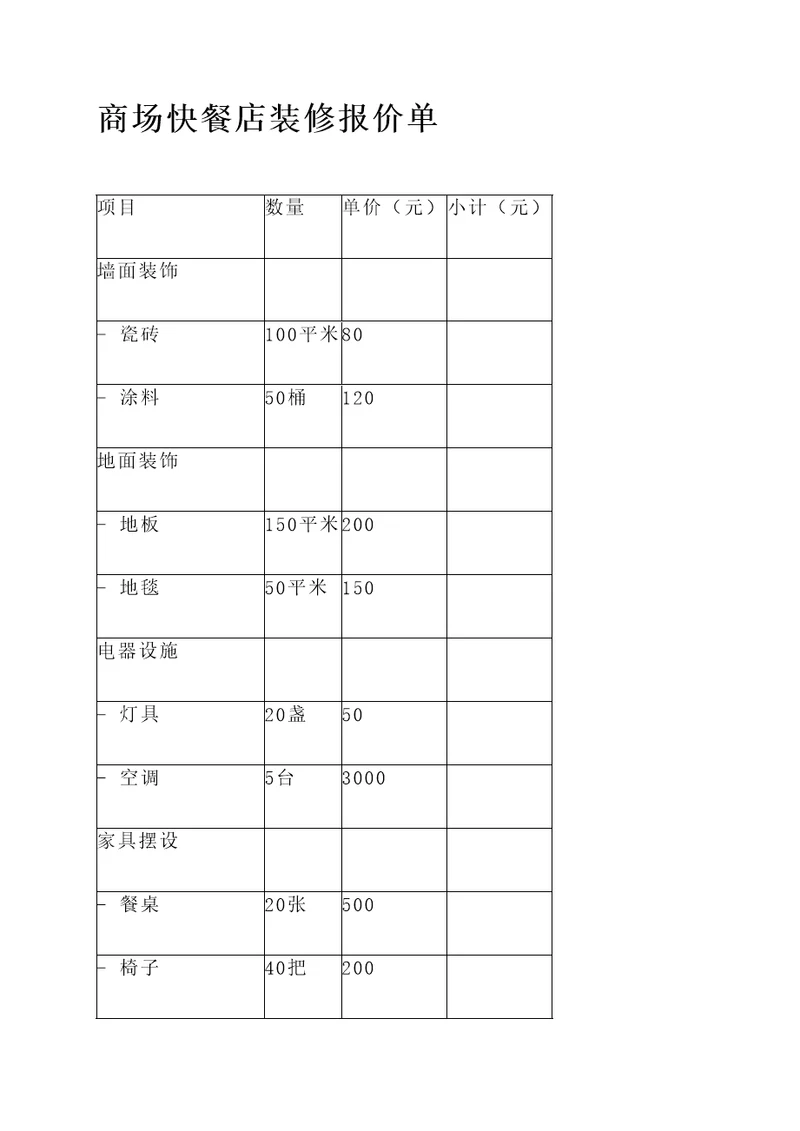 商场快餐店装修报价单