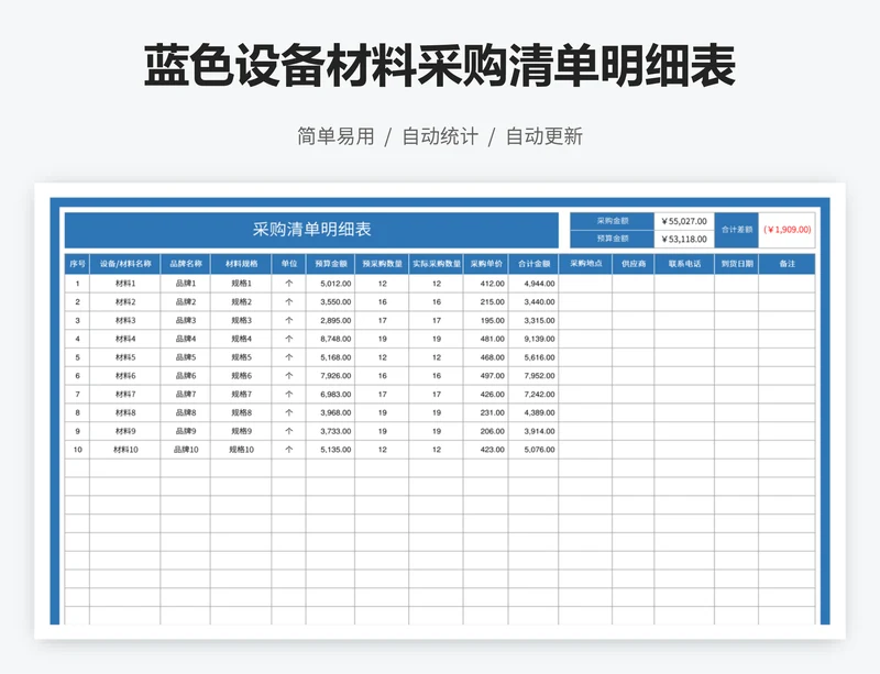 蓝色设备材料采购清单明细表