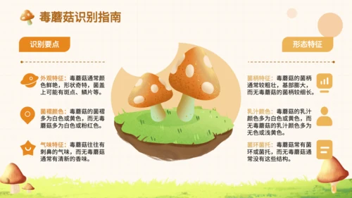 橙色卡通风毒蘑菇识别与误食应急处理PPT