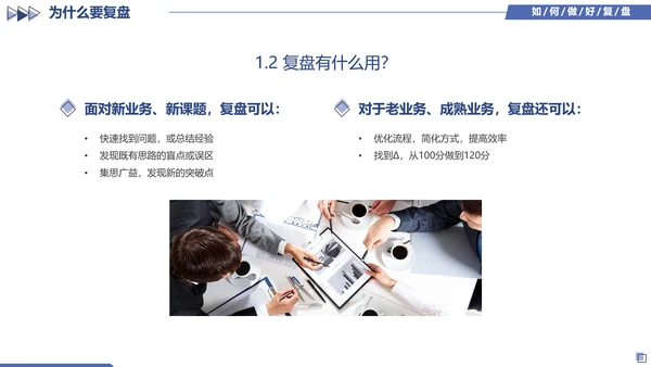 蓝色简约几何图形如何做好复盘工作培训PPT