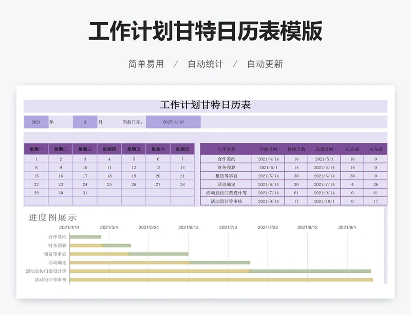 工作计划甘特日历表模版