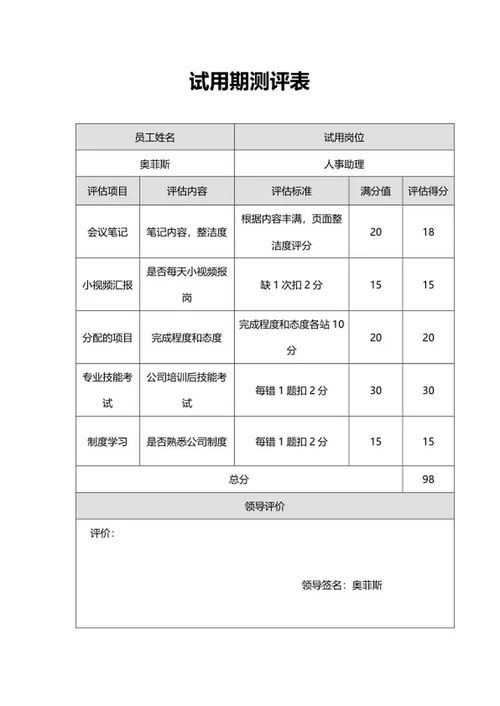 员工实习试用期测评表word模板