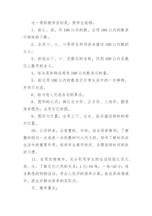 人教版一年级数学下册教学计划.docx