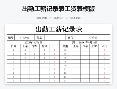 出勤工薪记录表工资表模版