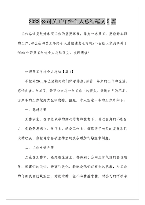 2022公司员工年终个人总结范文5篇