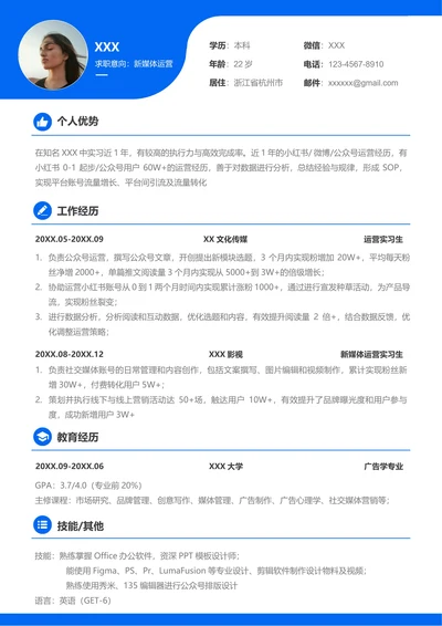 蓝色新媒体运营求职简历（含自荐信）