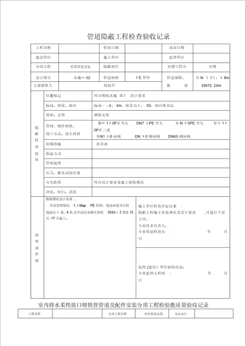 管道隐蔽工程检查验收记录范本模板