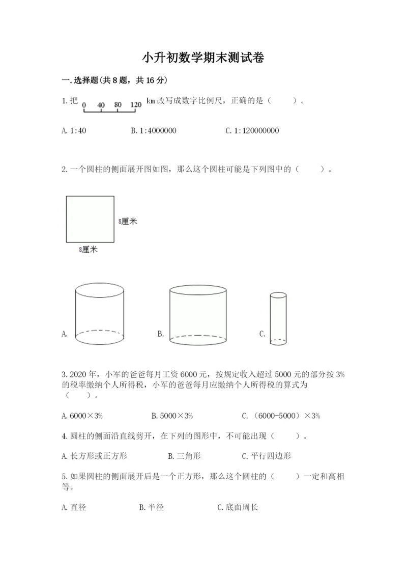 小升初数学期末测试卷加下载答案.docx