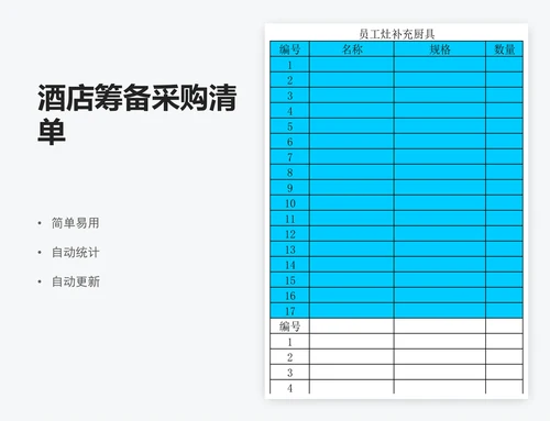 酒店筹备采购清单