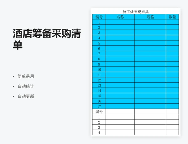 酒店筹备采购清单