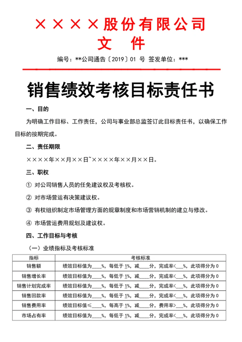 销售绩效考核目标责任书