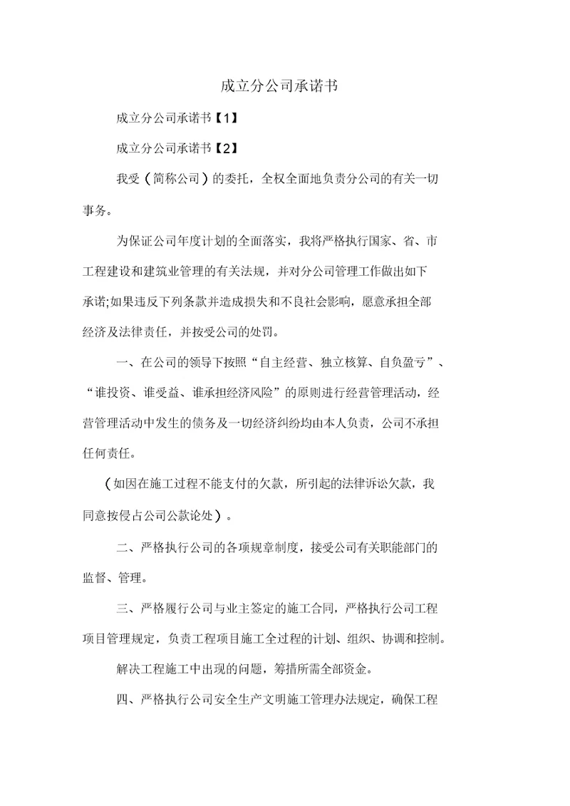 成立分公司承诺书