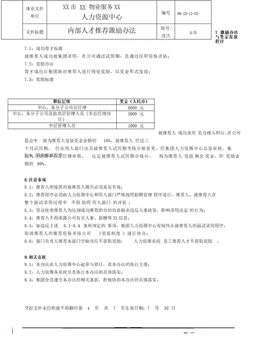 物业公司内部人才推荐激励办法