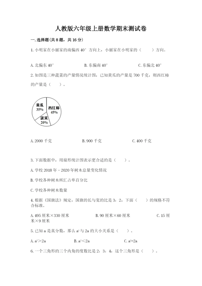 人教版六年级上册数学期末测试卷精品（考试直接用）.docx