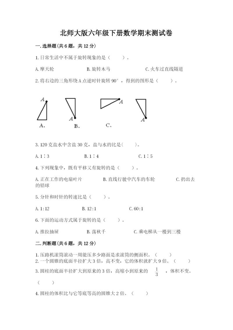 北师大版六年级下册数学期末测试卷精品【全国通用】.docx