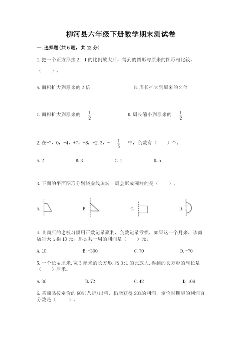 柳河县六年级下册数学期末测试卷（满分必刷）.docx