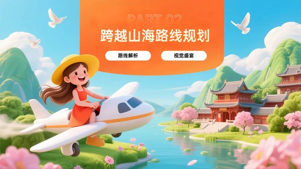 橙黄色3D关于跨越山海的慢旅行计划PPT模板