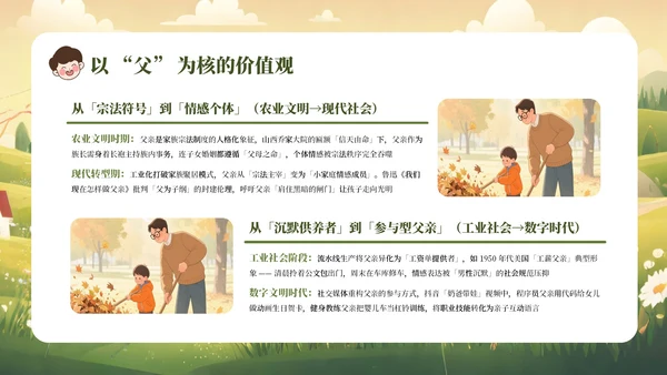 黄绿色卡通父爱如山感恩父亲节主题教育班会课件PPT模板
