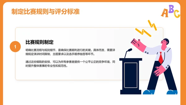 橙色插画英语演讲比赛流程设计PPT模板