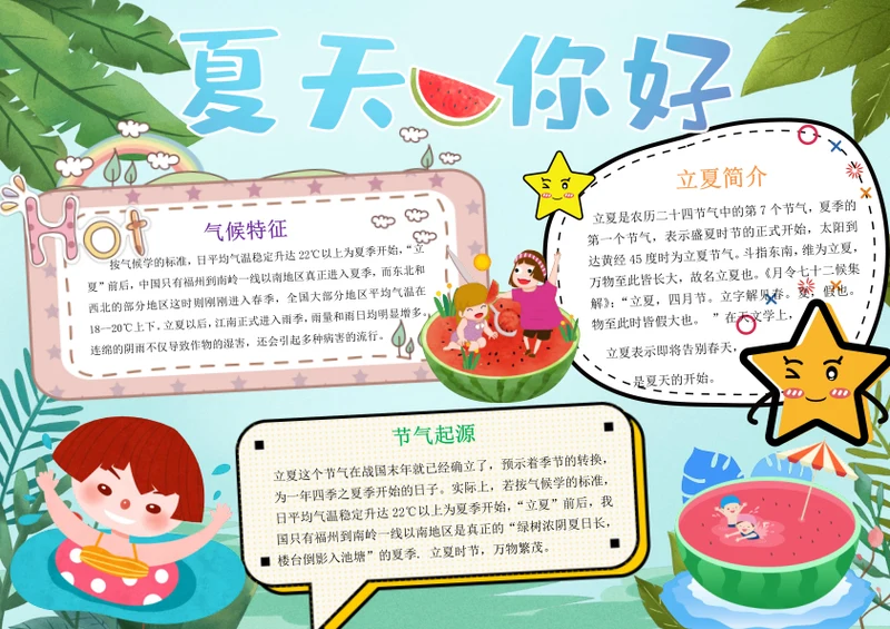 卡通夏天你好立夏Word小报
