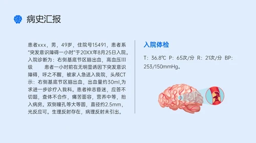 蓝色简约听诊器脑出血教学查房ppt脑出血护理查房