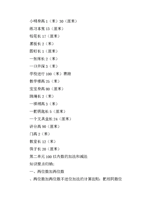 XX年二年级上册数学知识点归纳