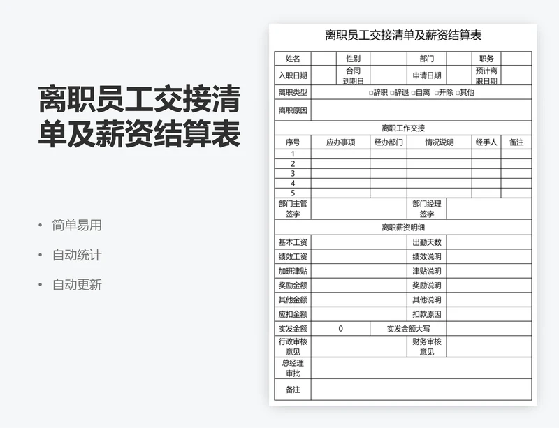 离职员工交接清单及薪资结算表