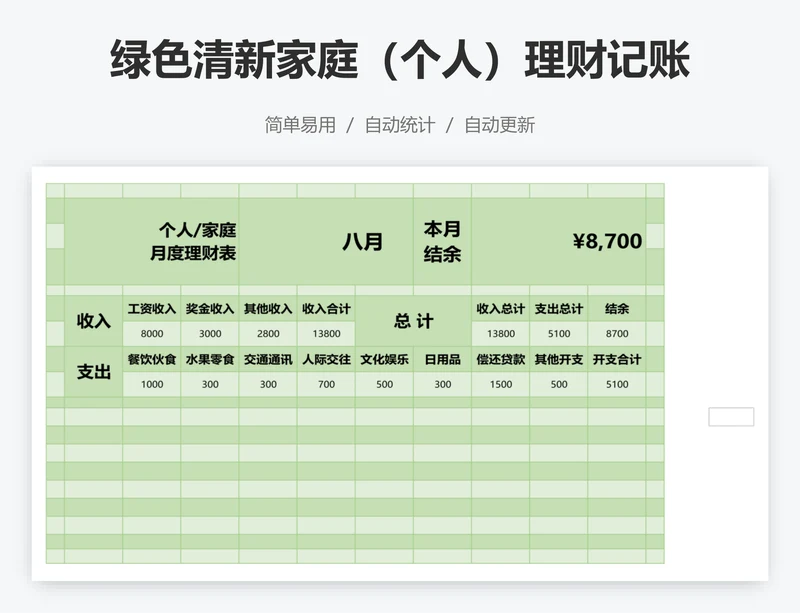 绿色清新家庭（个人）理财记账表