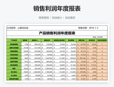 销售利润年度报表