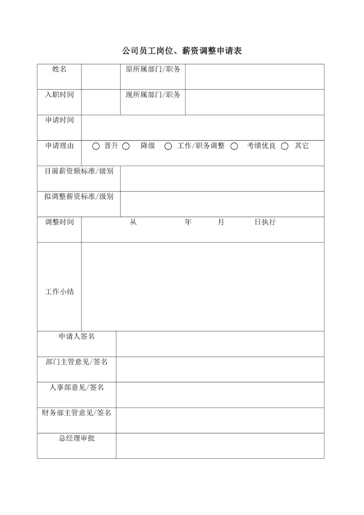 公司员工岗位薪资调整申请表