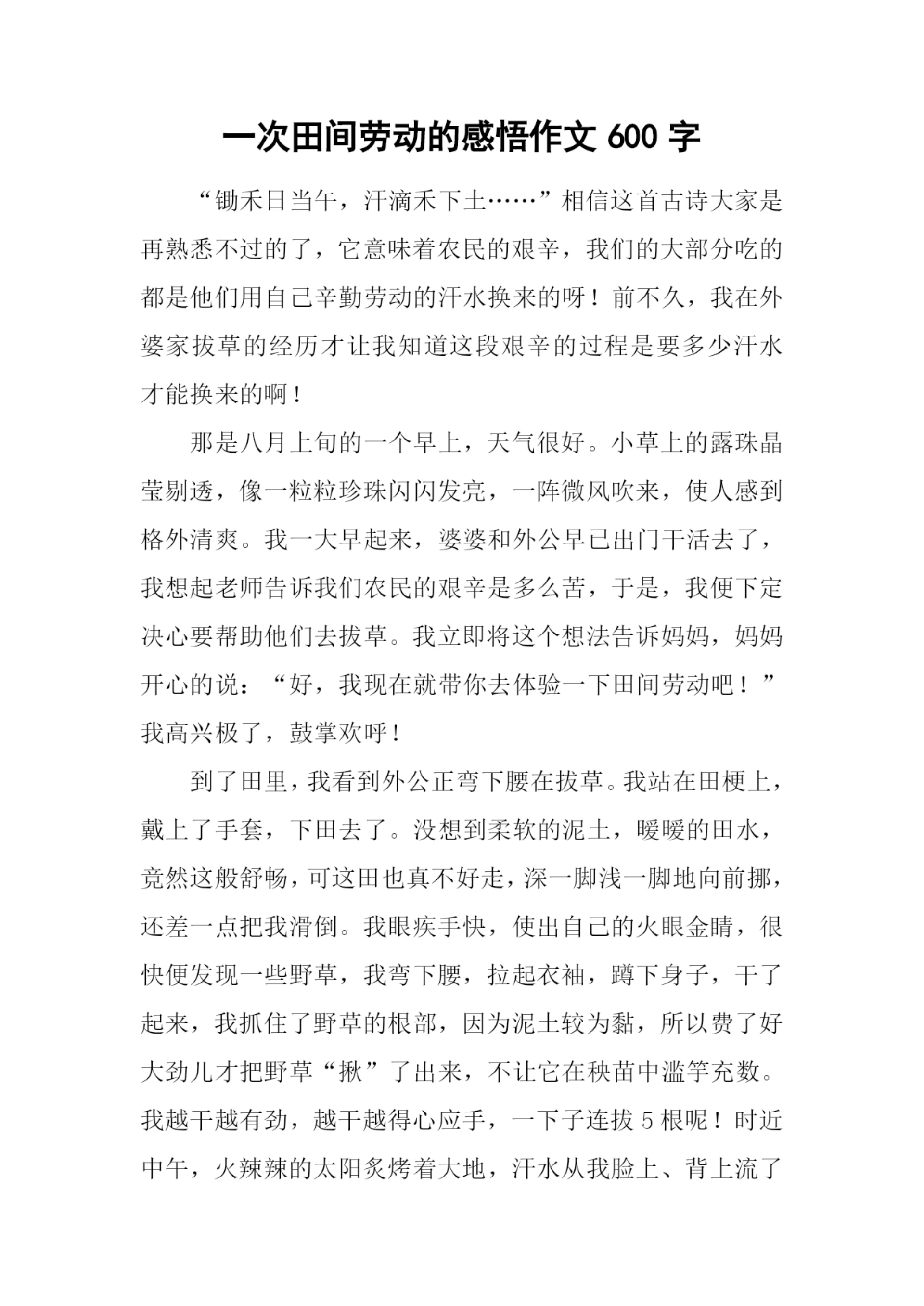 一次田间劳动的感悟作文600字.docx