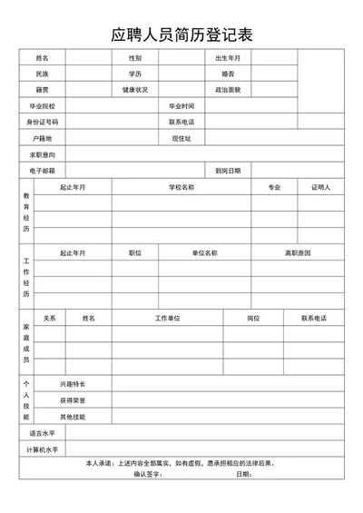 应聘人员简历登记表