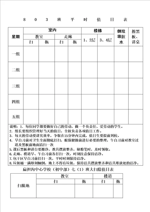 初中班级值日表