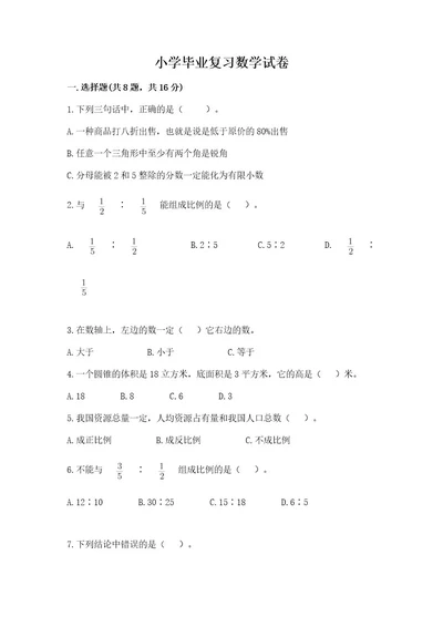 小学毕业复习数学试卷精品（考点梳理）