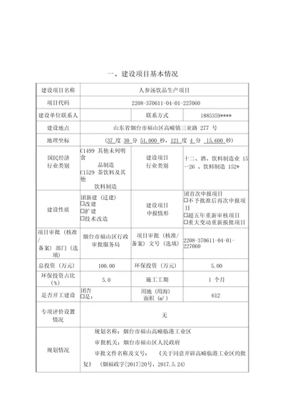 人参汤饮品生产项目环评报告表