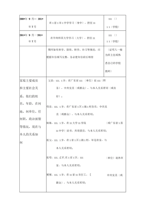 广东省普通高等学校毕业生登记表填写示范模板