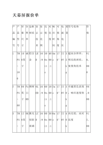 天幕屏报价单