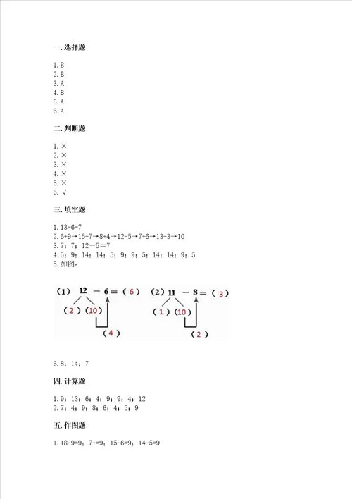 冀教版一年级上册数学第九单元20以内的减法测试卷word