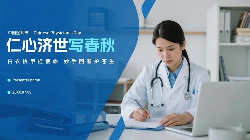 蓝色简约实景中国医师节节日科普PPT模板