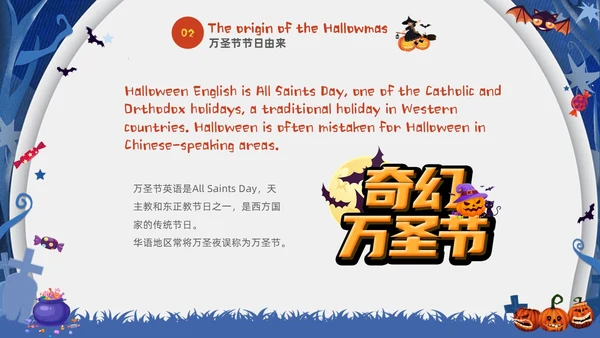 蓝白卡通儿童万圣节英文介绍PPT
