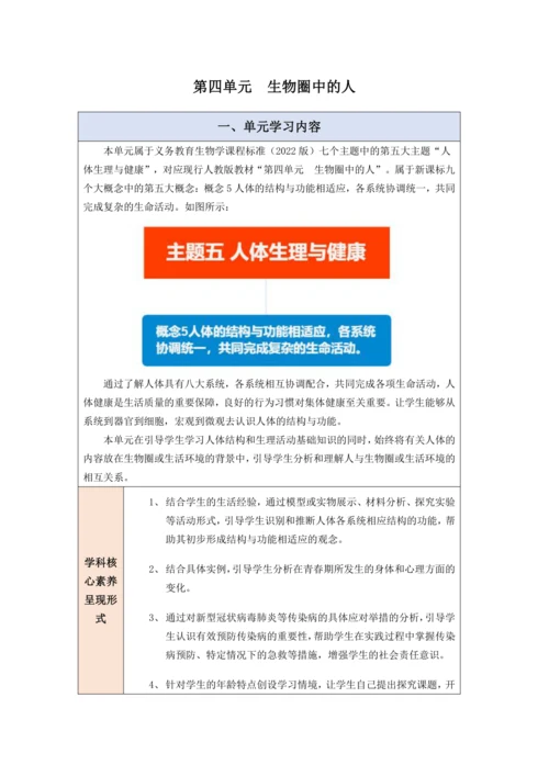 【大单元教学】人教版七年级下册（第四单元）《生物圈中的人》大单元整体教学设计
