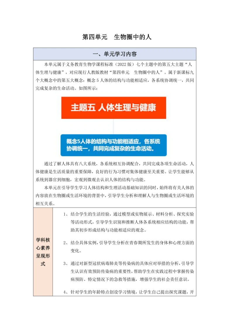 【大单元教学】人教版七年级下册（第四单元）《生物圈中的人》大单元整体教学设计