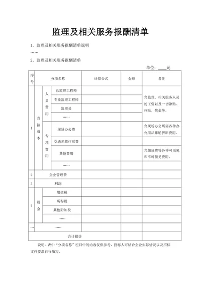 监理及相关服务报酬清单