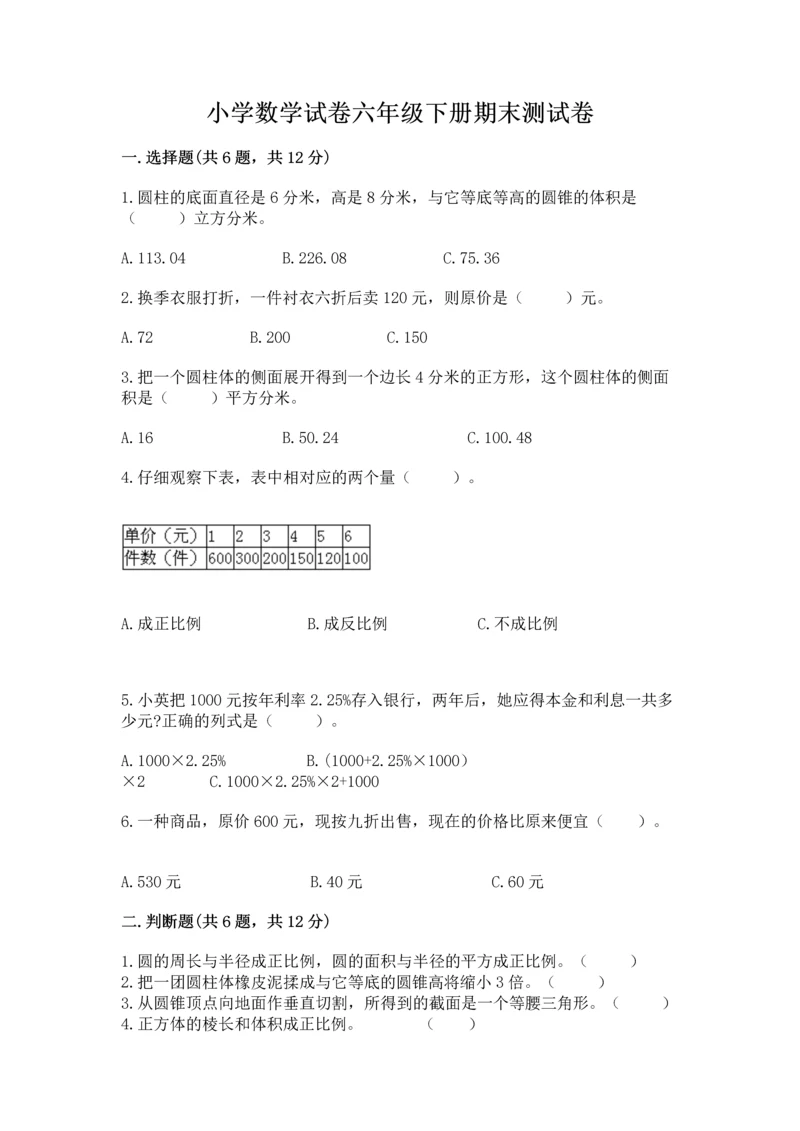 小学数学试卷六年级下册期末测试卷附答案（黄金题型）.docx