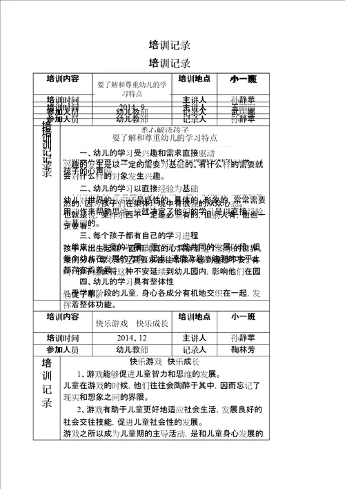 幼儿教师培训记录