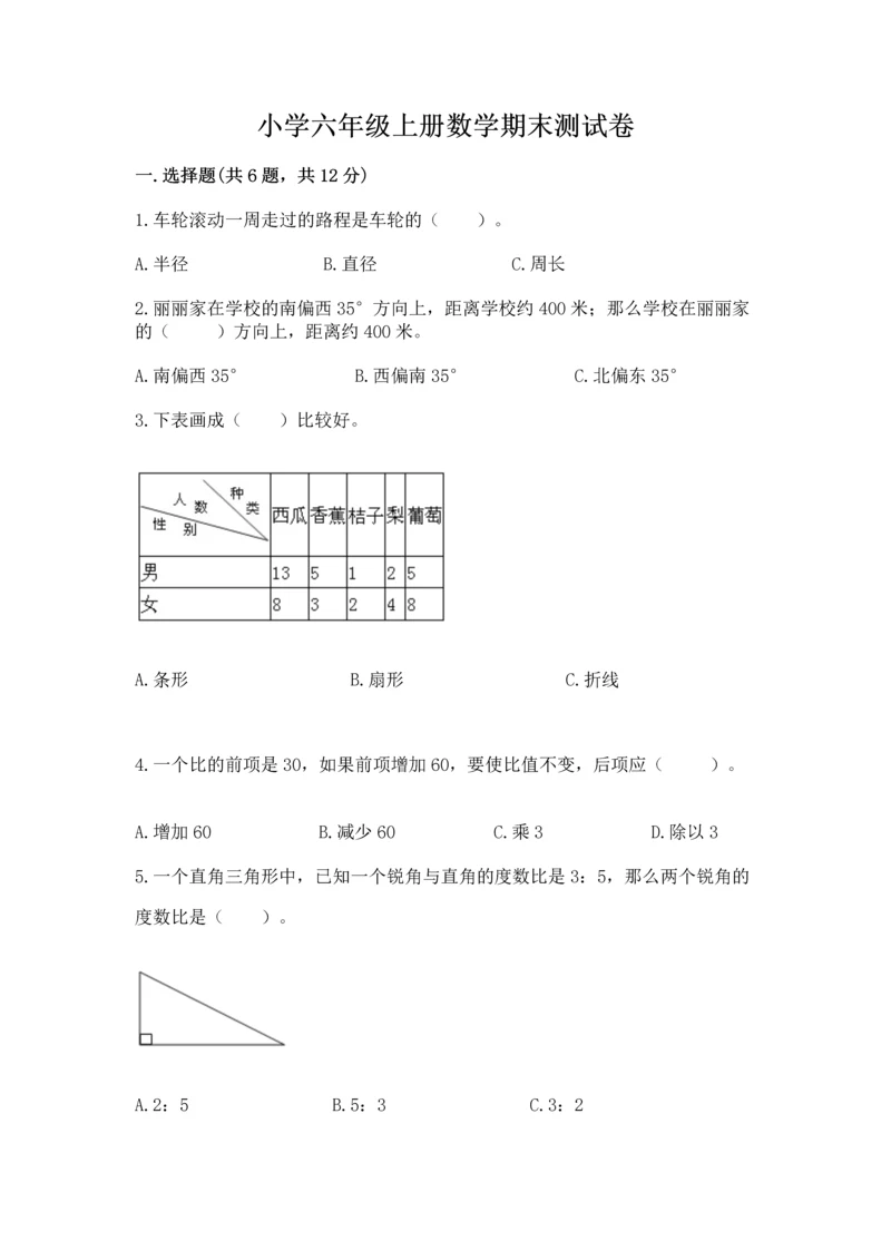 小学六年级上册数学期末测试卷及完整答案【名师系列】.docx