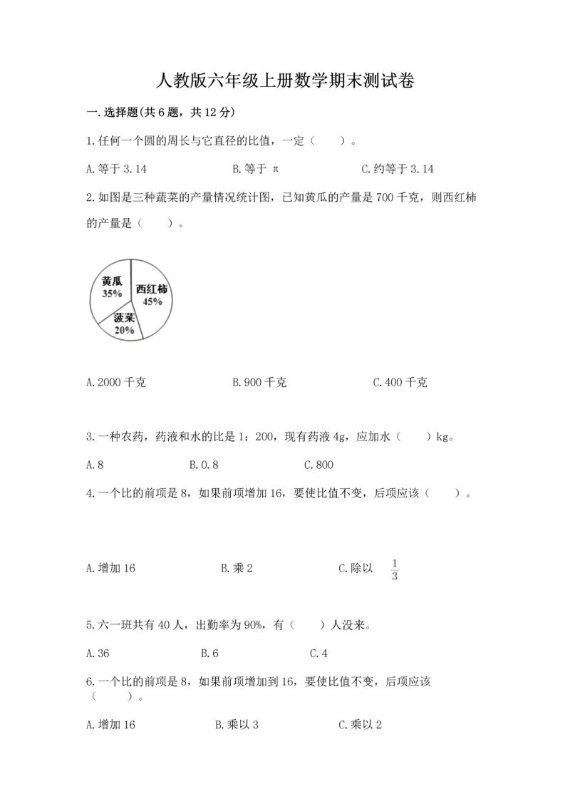 人教版六年级上册数学期末测试卷精品加答案.docx