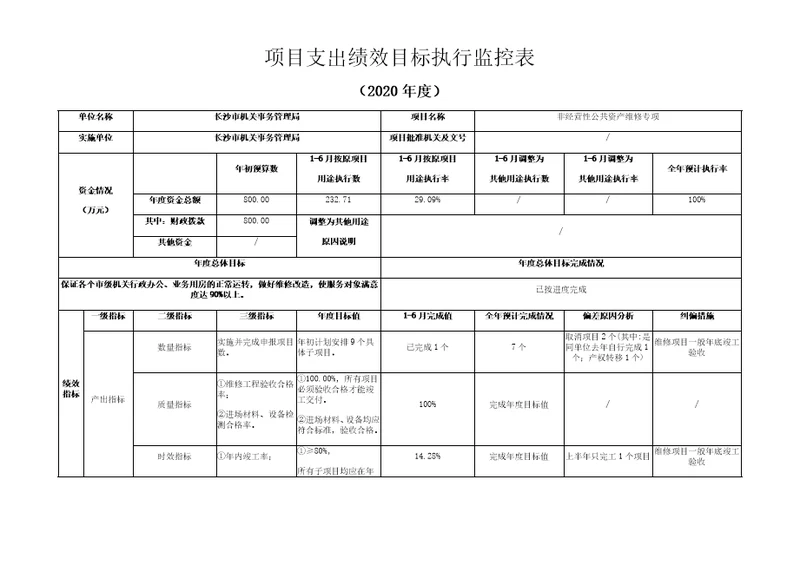 项目支出绩效目标执行监控表