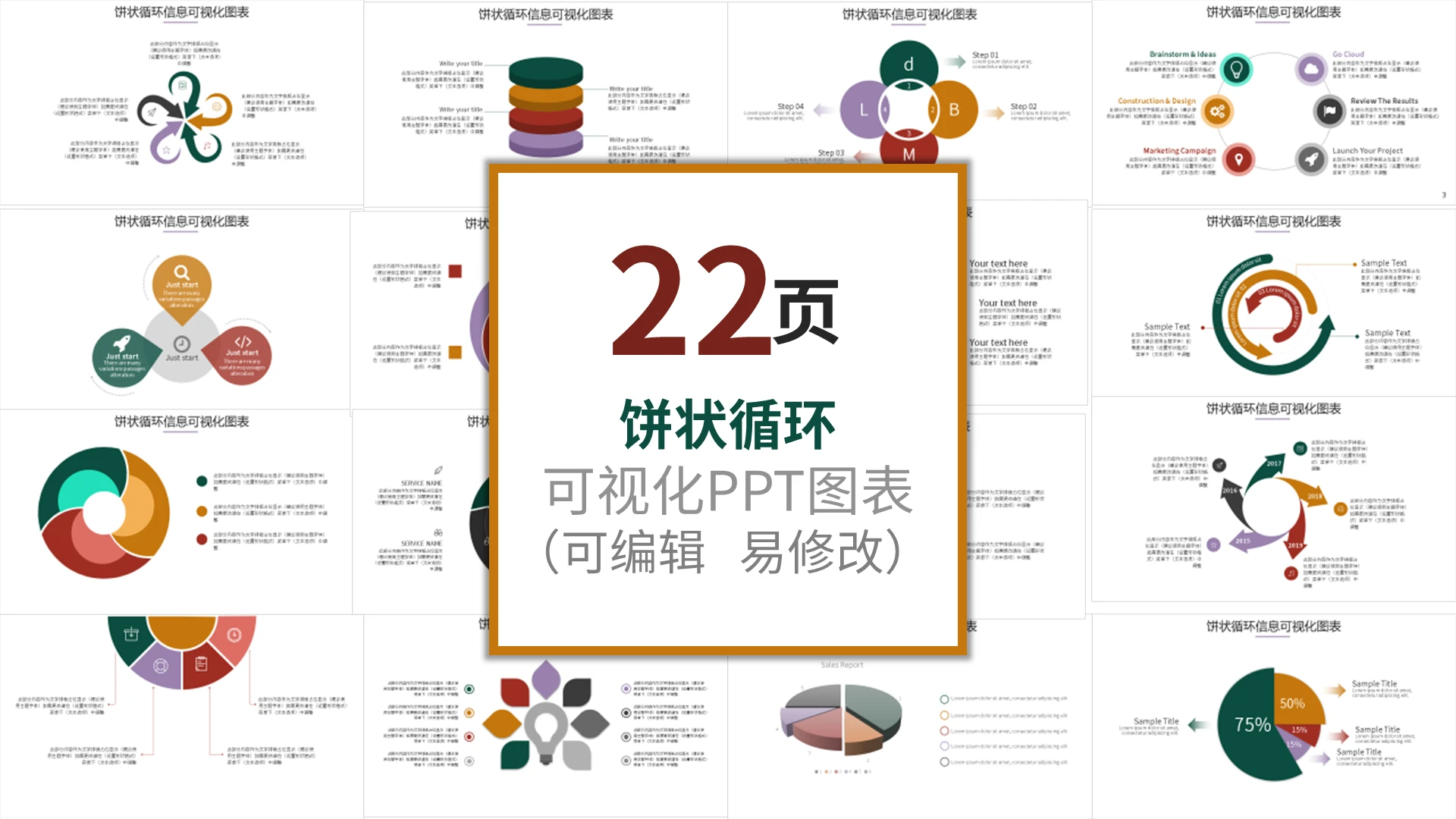 彩色饼状循环图信息可视化图表PPT模板宣传PPT动态PPT循环关系图表
